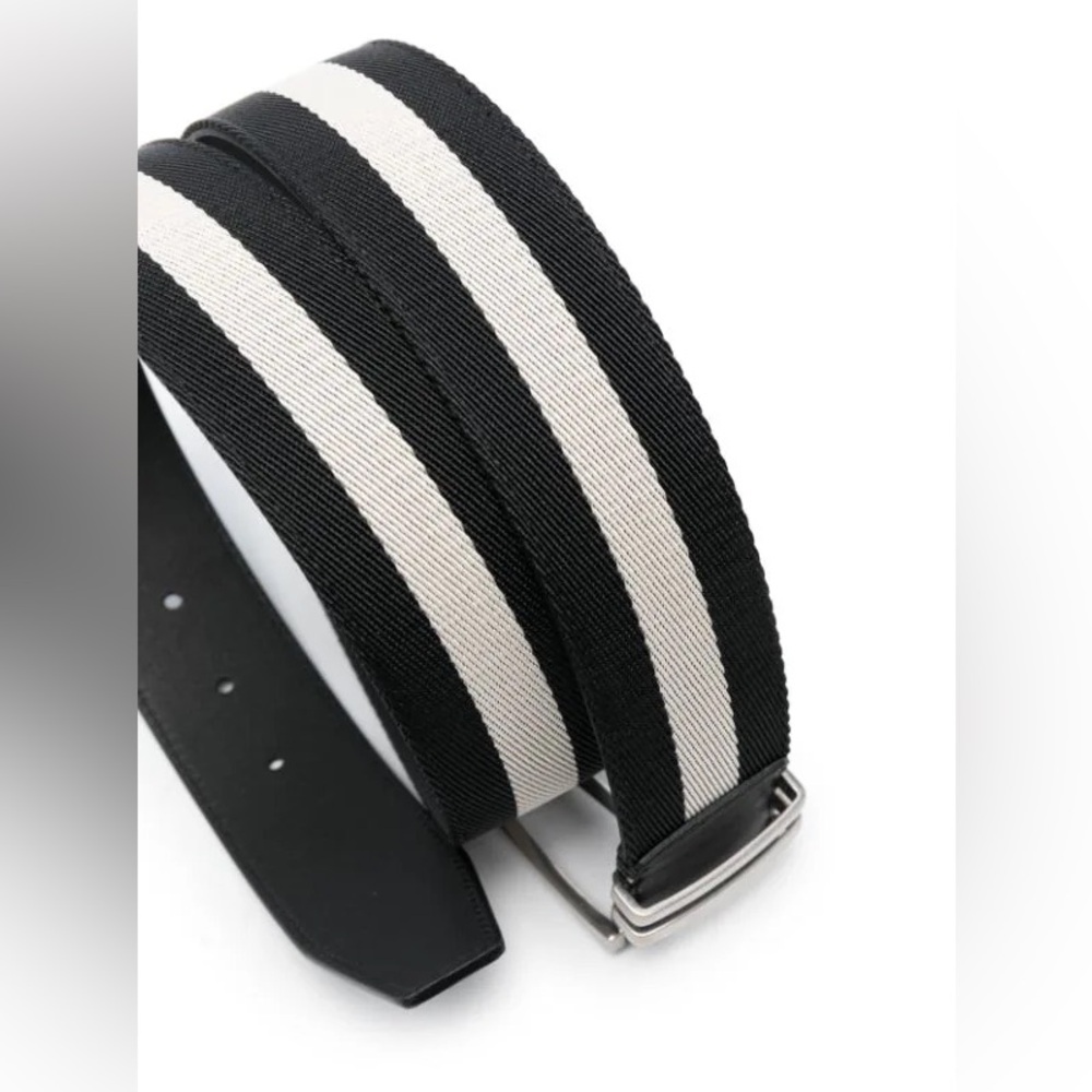 Bally Reversible Silver B-buckle Belt, Navy/White striped Fabric / Black leather